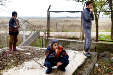 Syrian refugees living on the Syrian side of the Turkish border