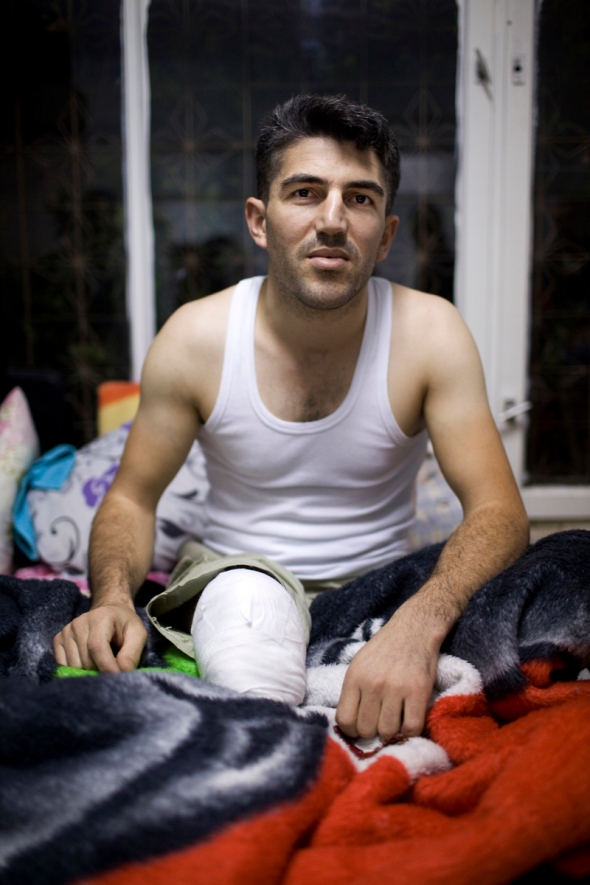 Ahmed is the leader of a small group of soldiers in the Free Syrian Army. He lost his leg in Aleppo as a fighter jet hit their position in the crumbling city. 